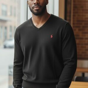 Polo Ralph Lauren Mens Black Pima Cotton V-Neck Pullover Sweater Size L